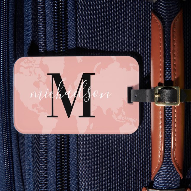 Étiquette À Bagage Monogramme de carte du monde rose pastel écriture  (Insitu Rectoal 4)