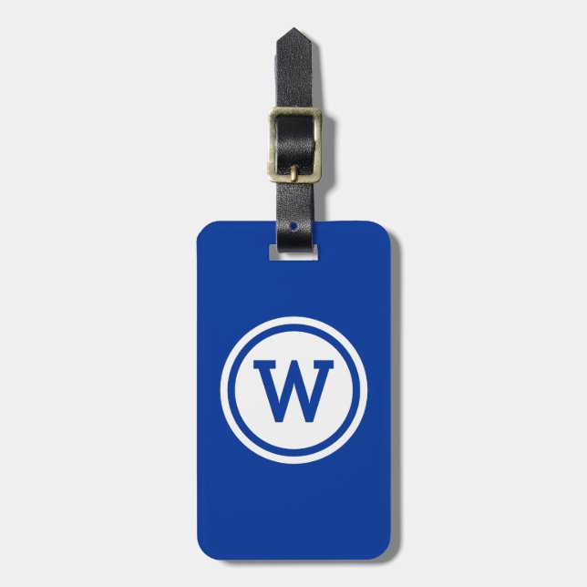 Étiquette À Bagage Monogramme de cercle annelé bleu et blanc (Devant Vertical)