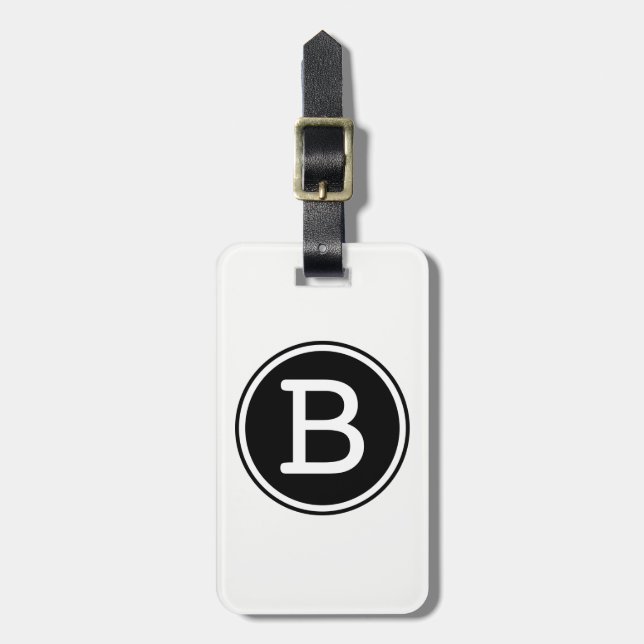 Étiquette À Bagage Monogramme de cercle annelé noir et blanc (Devant Vertical)