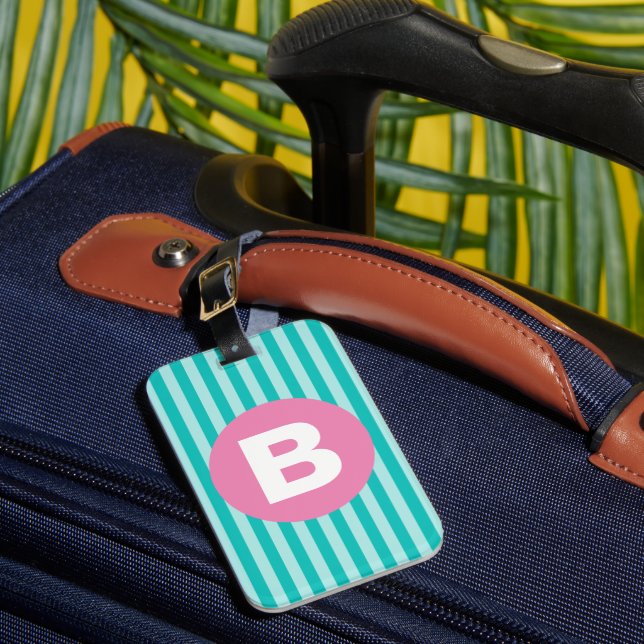 Étiquette À Bagage Monogramme de cercle rose rayé vertical bleu sarce (Insitu Rectoal 1)