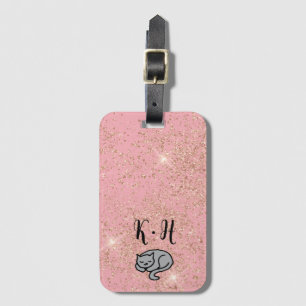 Étiquette À Bagage Monogramme de chat mignon rose Parties scintillant