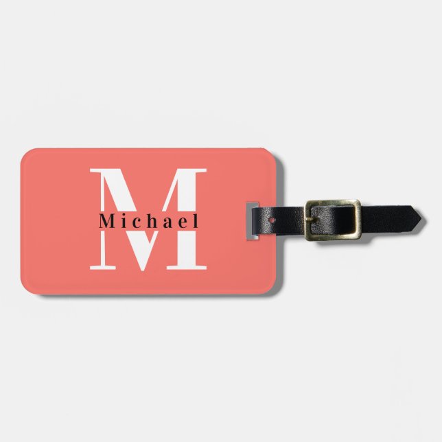 Étiquette À Bagage Monogramme de corail minimal moderne + Nom initial (Devant horizontal)