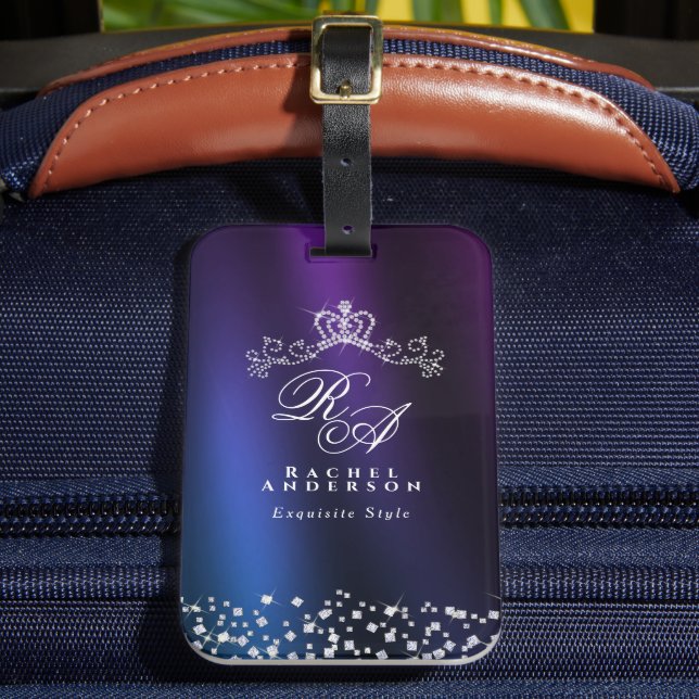 Étiquette À Bagage Monogramme de couronne brillant bleu pourpre (Insitu Rectoal 2)