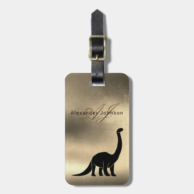 Étiquette À Bagage Monogramme de dinosaure noir et or élégant de luxe (Devant Vertical)