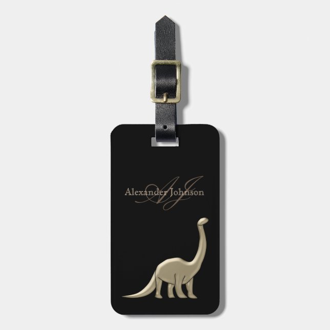 Étiquette À Bagage Monogramme de dinosaure noir et or élégant moderne (Devant Vertical)