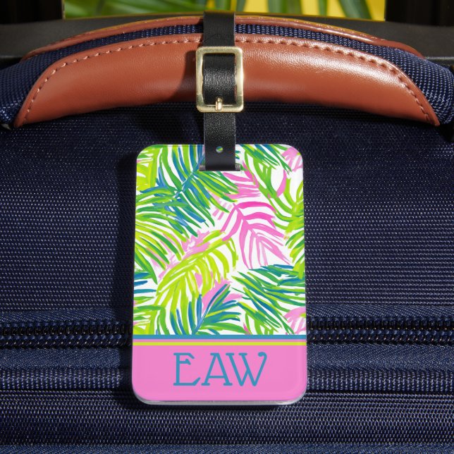 Étiquette À Bagage Monogramme de feuilles de palmier rose et vert Pré (Insitu Rectoal 2)