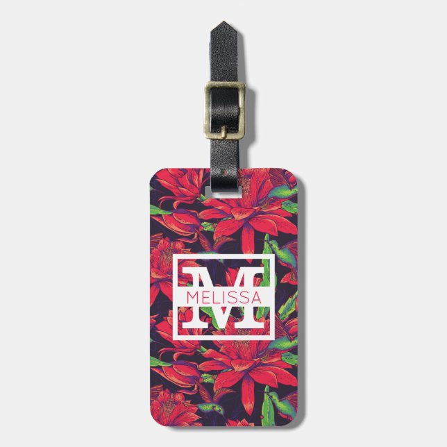 Étiquette À Bagage Monogramme de fleurs et de colibris | (Devant Vertical)