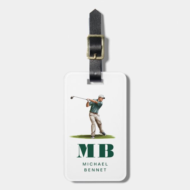 Étiquette À Bagage Monogramme de golf sport vert moderne (Devant Vertical)