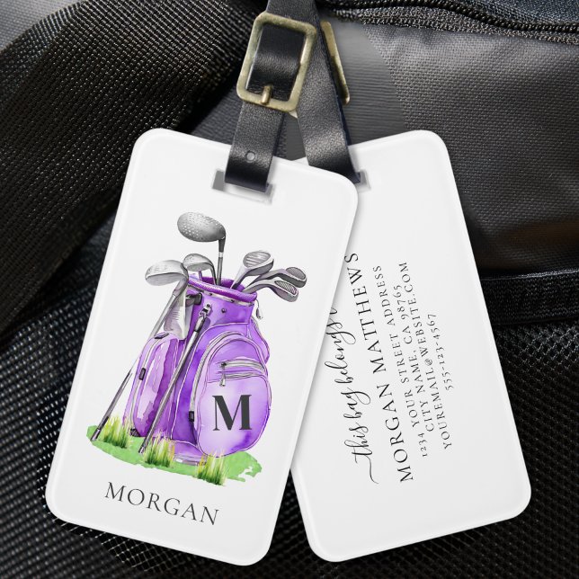 Étiquette À Bagage Monogramme de golfeur violet (Purple Golfer Monogram Luggage Tag)