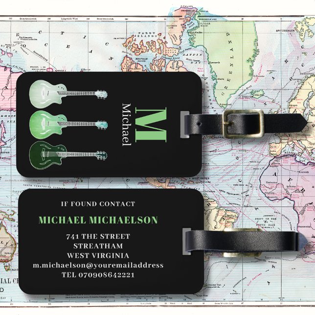 Étiquette À Bagage Monogramme de guitare électrique Coordonnées (Electric guitar monogram black and green modern travel tag for guitarists musicians music lovers)