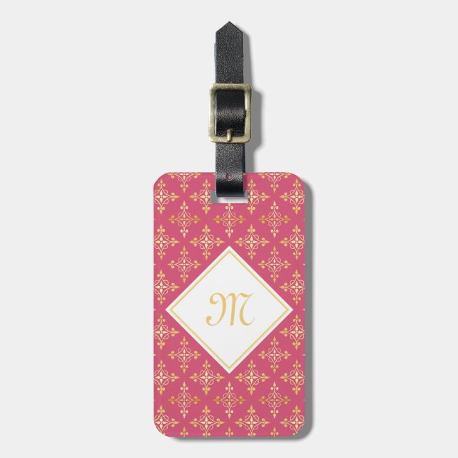 Étiquette À Bagage Monogramme de luxe rose et or Quatre Floral (Devant Vertical)