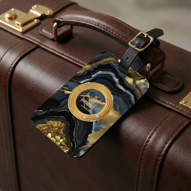 Étiquette À Bagage Monogramme de marbre d'agate noir or luxe moderne (Créateur téléchargé)