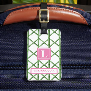 Étiquette À Bagage Monogramme de motif de bambou à treillis vert Prép