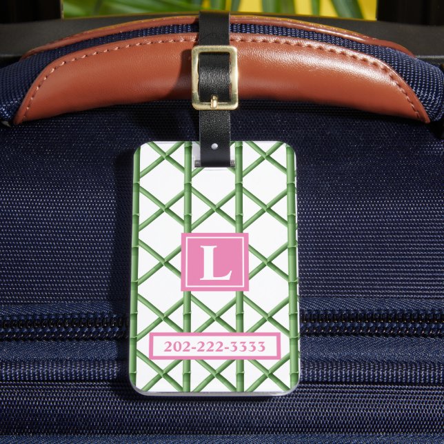 Étiquette À Bagage Monogramme de motif de bambou à treillis vert Prép (Insitu Rectoal 2)