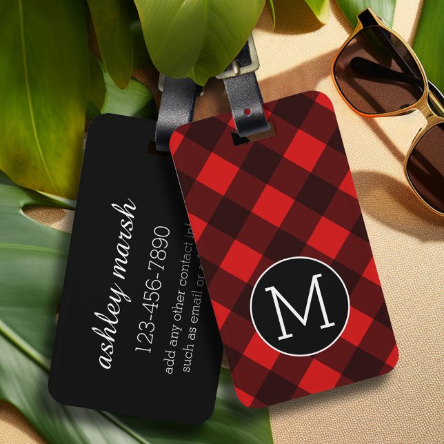 Étiquette À Bagage Monogramme de Motif de Buffle Noir Rouge Rustique (Personalized luggage tag - Add Your contact information and monogram)