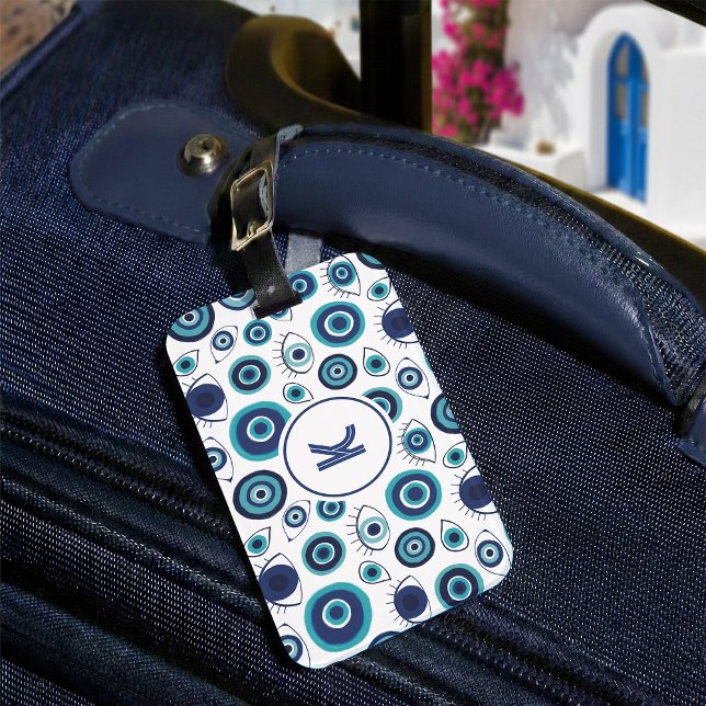 Étiquette À Bagage Monogramme de Motif de l'oeil bleu blanc grec (Créateur téléchargé)
