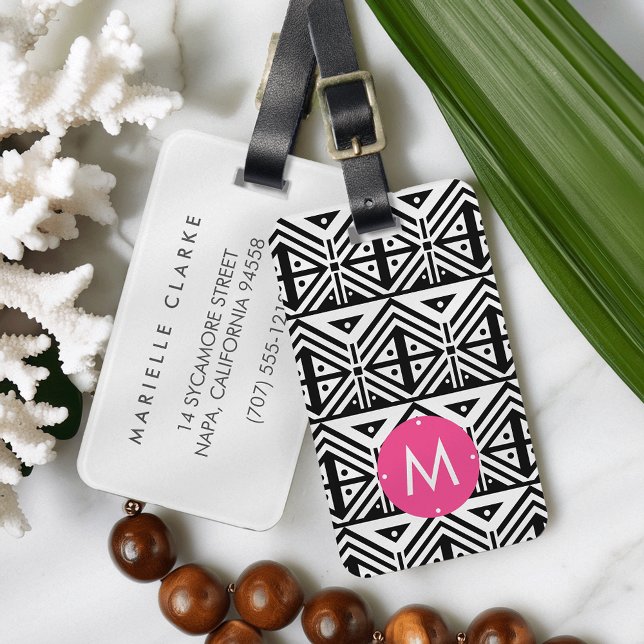 Étiquette À Bagage Monogramme de Motif tribal géométrique noir et bla (Créateur téléchargé)