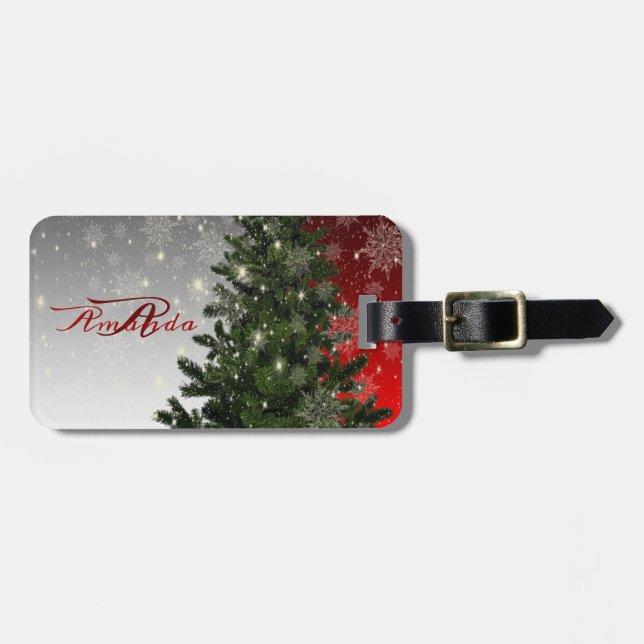 Étiquette À Bagage Monogramme de Noël Arbre vert Rouge Argent Flocon  (Devant horizontal)