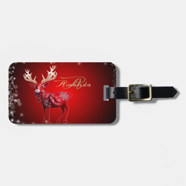 Étiquette À Bagage Monogramme de Noël Renne Rouge Vacances d'Hiver (Devant horizontal)