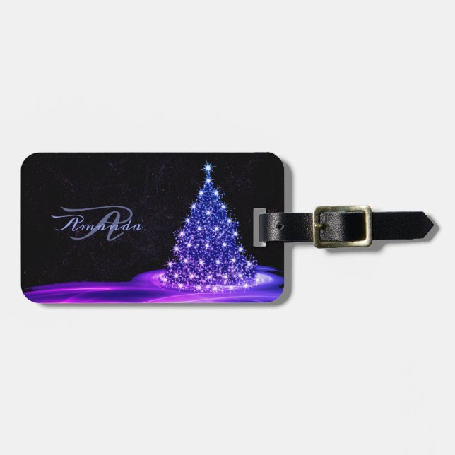 Étiquette À Bagage Monogramme de Noël Rose Bleu Hiver Noir Rustique (Devant horizontal)