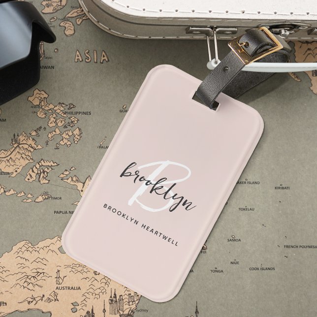 Étiquette À Bagage Monogramme de nom de style rose poudré gris (Créateur téléchargé)