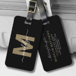 Étiquette À Bagage Monogramme de nom d'or noir<br><div class="desc">Créez Votre Propre Élégant Noir Personnalisé Élégant Nom De Script Monogram Luggage Balise. Cette étiquette de bagage chic et élégante ajoute une touche raffinée à toute expérience de voyage, ce qui en fait l'accessoire parfait pour le voyageur du monde ou toute personne ayant un coque sérieux de la dérive. À...</div>