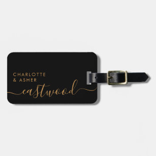 Étiquette À Bagage Monogramme de nom élégant en or noir avec écriture