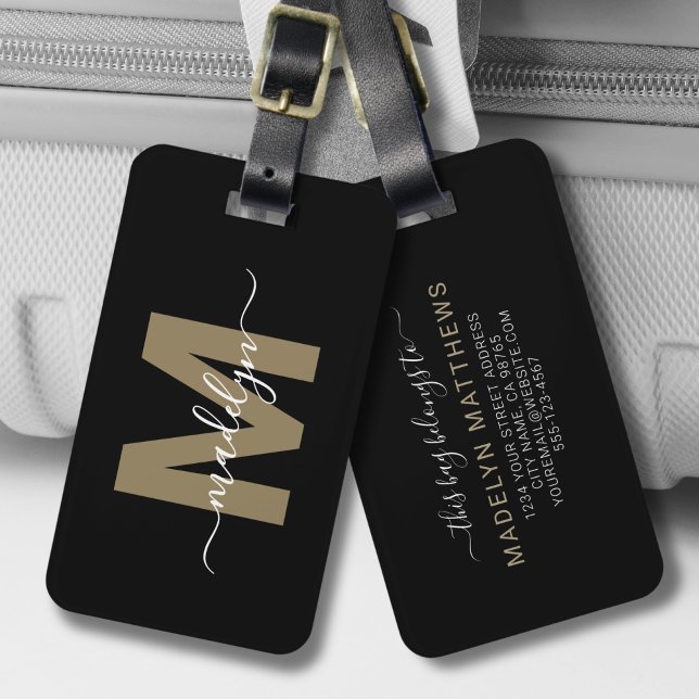 Étiquette À Bagage Monogramme de nom en or noir (Stylish Elegant Black Gold Script Name Monogram Luggage Tag)