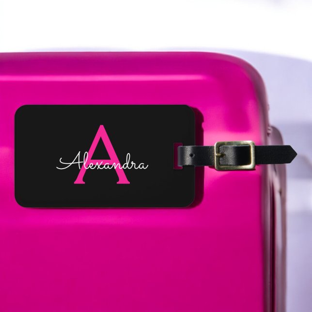Étiquette À Bagage Monogramme de nom féminin écriture noire rose chau (Créateur téléchargé)