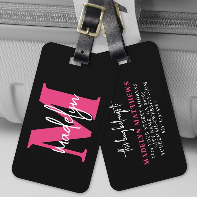 Étiquette À Bagage Monogramme de nom initial de voyageur personnalisé (Pink Custom Traveler Initial Name Monogram Luggage Tag)