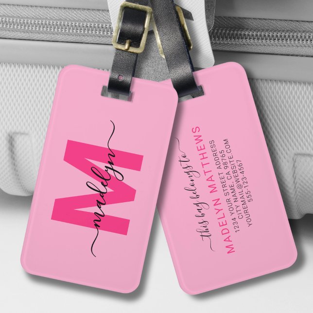 Étiquette À Bagage Monogramme de nom initial rose personnalisé (Custom Modern Pink Initial Name Monogram Luggage Tag )