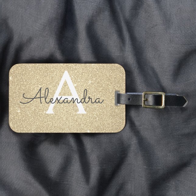 Étiquette À Bagage Monogramme de nom paillettes scintillement or (Créateur téléchargé)