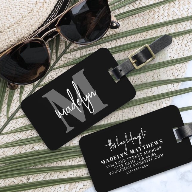Étiquette À Bagage Monogramme de nom personnalisé noir (Black Elegant Monogram Name Luggage Tag )