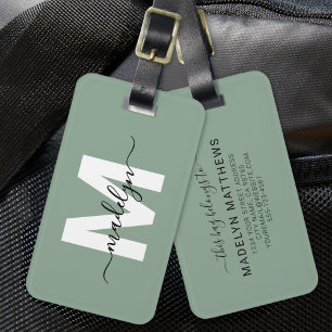 Étiquette À Bagage Monogramme de nom personnalisé vert sauge moderne