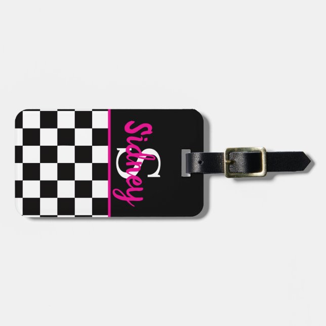 Étiquette À Bagage Monogramme de nom rose néon damier rétro (Devant horizontal)