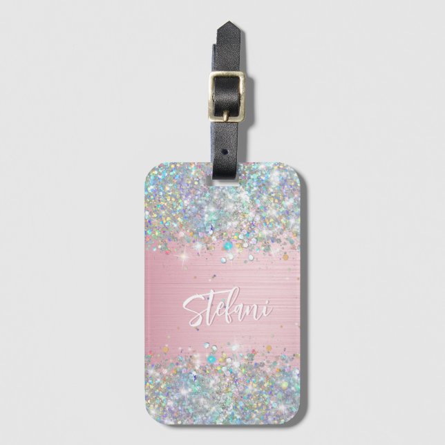 Étiquette À Bagage Monogramme de Parties scintillant moderne Blush Ho (Devant Vertical)