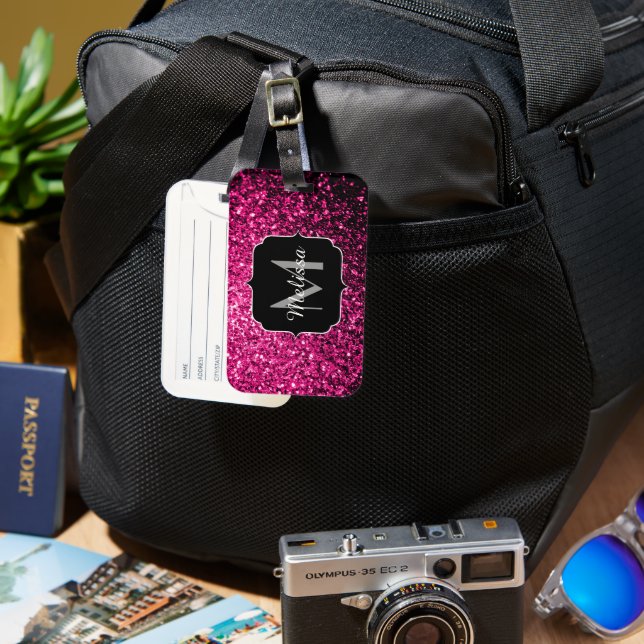 Étiquette À Bagage Monogramme de parties scintillant rose chaud (Recto & Verso)