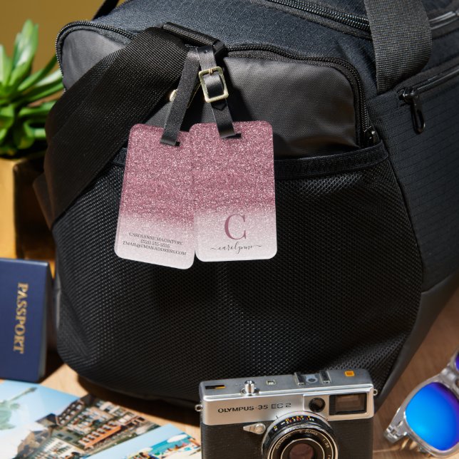 Étiquette À Bagage Monogramme de Parties scintillant rose vierge pour (Recto & Verso)