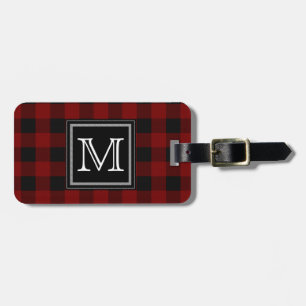 Étiquette À Bagage Monogramme de plaid rustique de Buffalo rouge et n