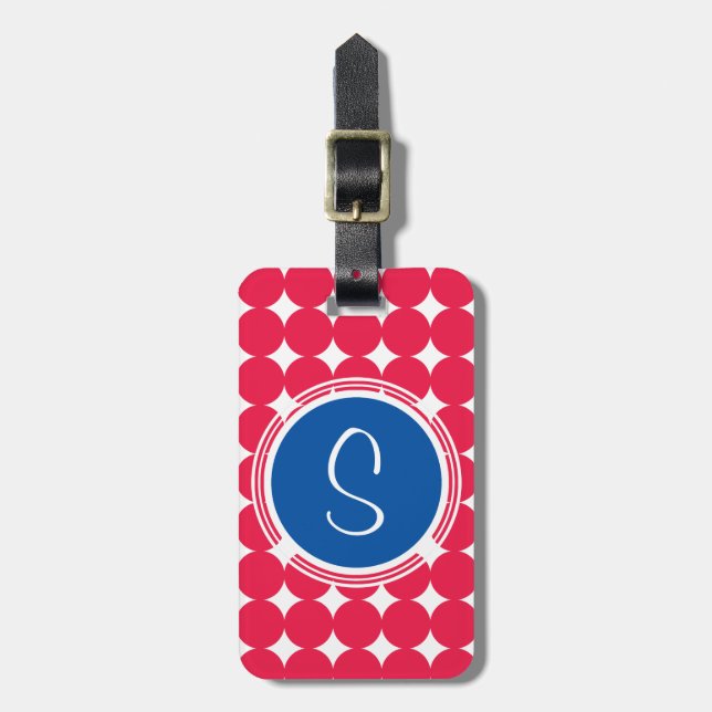 Étiquette À Bagage Monogramme de point Polka bleu et rouge (Devant Vertical)