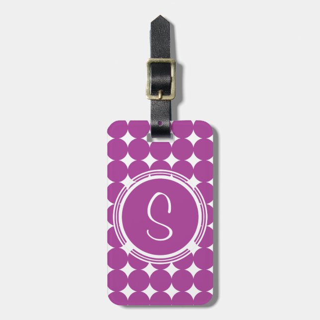 Étiquette À Bagage Monogramme de point Polka violet (Devant Vertical)