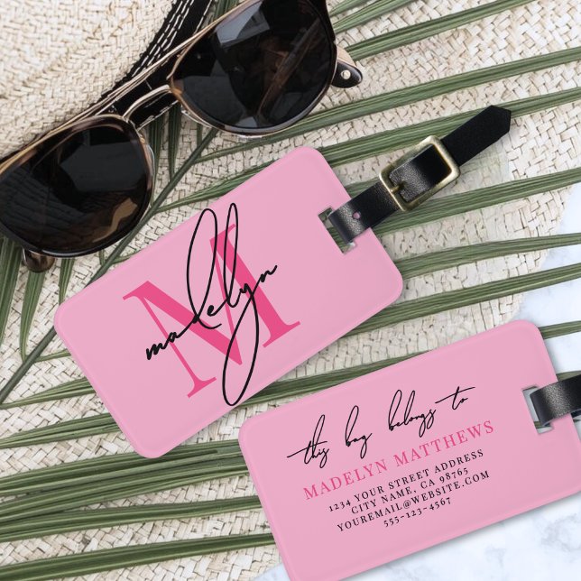 Étiquette À Bagage Monogramme de prénom initial rose (Custom Modern Pink Initial Name Monogram Luggage Tag )