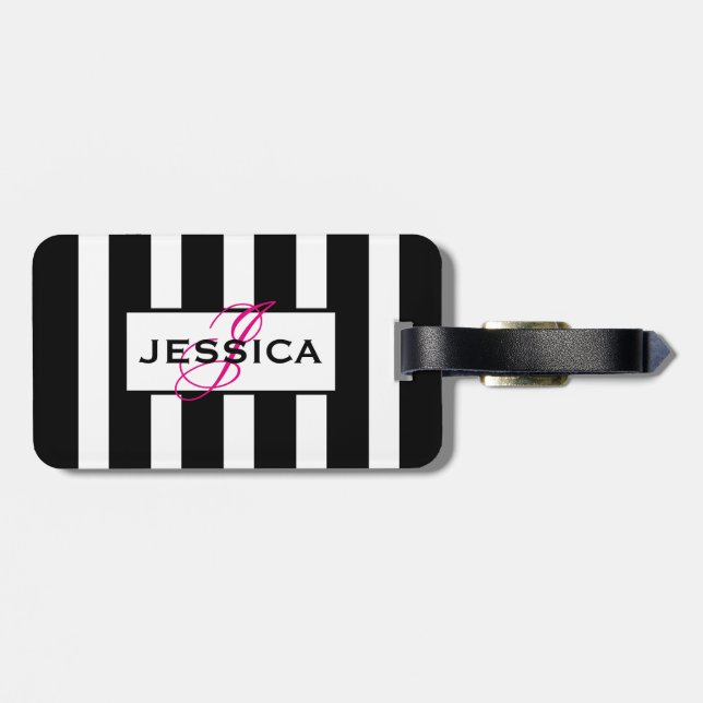 Étiquette À Bagage Monogramme de rayures noir et blanc moderne (Dos horizontal)