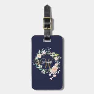 Étiquette À Bagage Monogramme de roses florales en bleu marine et or