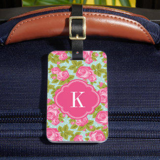 Étiquette À Bagage Monogramme de Roses Vintages rose et menthe