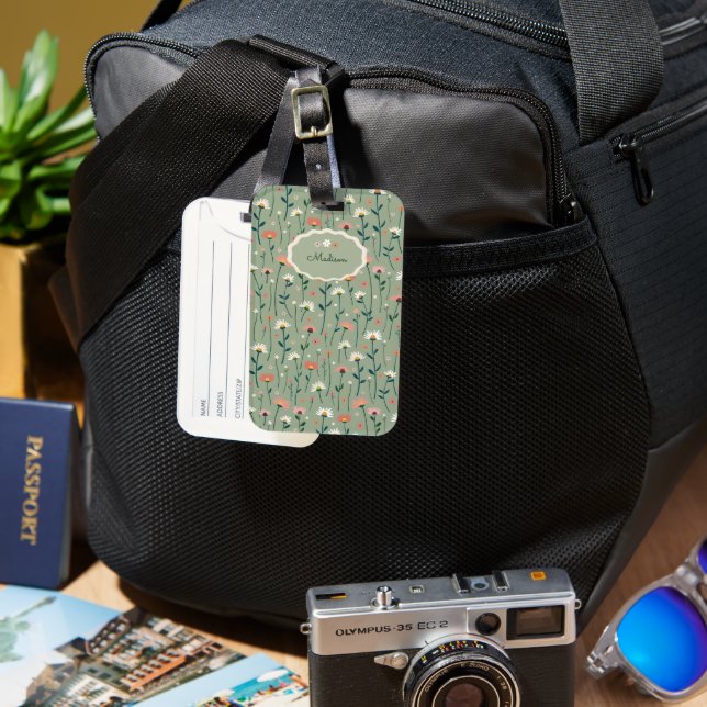 Étiquette À Bagage Monogramme de sauge verte de fleur sauvage boho (Recto & Verso)