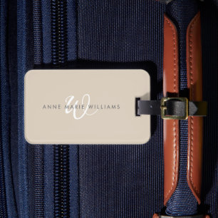Étiquette À Bagage Monogramme de script blanc marron moderne
