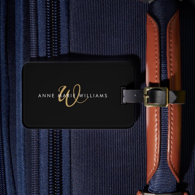 Étiquette À Bagage Monogramme de script or noir moderne  (Insitu Rectoal 4)
