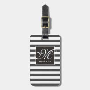 Étiquette À Bagage Monogramme de script rayé gris et blanc classique