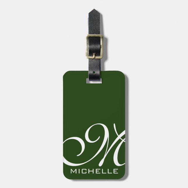 Étiquette À Bagage Monogramme de script vert (Devant Vertical)